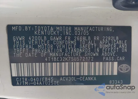 2005 Toyota Camry Le from USA, damaged, VIN 4T1BE32K75U572172